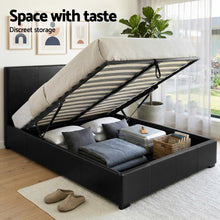 Load image into Gallery viewer, Artiss Gas Lift Queen Bed Frame and 2 Bedside Table Set Leather Black
