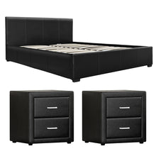 Load image into Gallery viewer, Artiss Gas Lift Queen Bed Frame and 2 Bedside Table Set Leather Black
