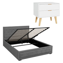 Load image into Gallery viewer, Artiss Upholstered Queen Gas Lift Storage Bed Frame with 2-Drawer Bedside Table Set
