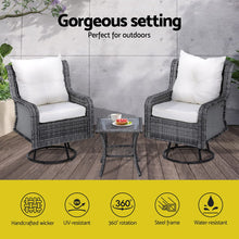 Load image into Gallery viewer, Gardeon 3PC Outdoor Furniture Bistro Set Lounge Wicker Swivel Chairs Table Cushion Grey
