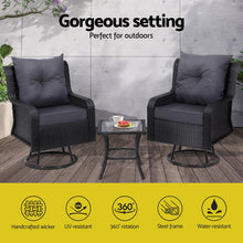 Load image into Gallery viewer, Gardeon 3PC Outdoor Furniture Bistro Set Lounge Wicker Swivel Chairs Table Cushion Black

