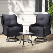 Load image into Gallery viewer, Gardeon 3PC Outdoor Furniture Bistro Set Lounge Wicker Swivel Chairs Table Cushion Black
