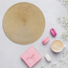 Load image into Gallery viewer, JWDX Placemats, 4 Pieces of Hand-Woven Placemats Insulation Mats Dining Table Anti-Slip Mats Clearance! Woven Spiral Table Placemats 15 Inches Round Set of 4 Non Slip Dining &amp; Kitchen Table Mats Gold
