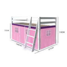 Load image into Gallery viewer, Kingston Slumber Wooden Kids Single Loft Bed Frame - Hiding Space Underneath with Interchangeable Pink and Blue Curtains

