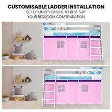 Load image into Gallery viewer, Kingston Slumber Wooden Kids Single Loft Bed Frame - Hiding Space Underneath with Interchangeable Pink and Blue Curtains
