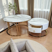 Load image into Gallery viewer, Snowy Mountain Faux Modern Marble Slate Nesting Coffee Table Set Leather Wrapped Wood Drawers
