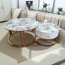 Load image into Gallery viewer, Snowy Mountain Faux Modern Marble Slate Nesting Coffee Table Set Leather Wrapped Wood Drawers
