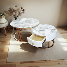 Load image into Gallery viewer, Snowy Mountain Faux Modern Marble Slate Nesting Coffee Table Set Leather Wrapped Wood Drawers
