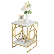 Load image into Gallery viewer, White Marble Gold Side Table Living Room End Accent Table Nightstand with Shelf
