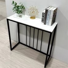 Load image into Gallery viewer, 80cm White &amp; Grey Sintered Stone Console Table Storage Table Behind Sofa W/ Black Metal Frame
