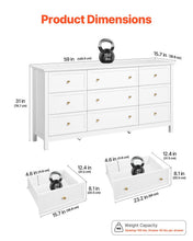 Load image into Gallery viewer, 9 Drawer Dresser, Wooden Chest of Drawers with Sliding and Anti-tip Device, Retro Minimalist Dresser Chest, Closet Storage TV Stand Organizer for Living Room, Hallway, Bedroom, Entryway, White
