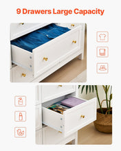 Load image into Gallery viewer, 9 Drawer Dresser, Wooden Chest of Drawers with Sliding and Anti-tip Device, Retro Minimalist Dresser Chest, Closet Storage TV Stand Organizer for Living Room, Hallway, Bedroom, Entryway, White
