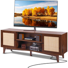 Load image into Gallery viewer, Rattan TV Stand for 75in TV, Boho TV Stand with Rattan Door, Entertainment Center with Build-in Socket, Storage Cabinet with 2 Shelves, Modern TV Console for Living Room, Media Room, Walnut
