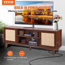 Load image into Gallery viewer, Rattan TV Stand for 75in TV, Boho TV Stand with Rattan Door, Entertainment Center with Build-in Socket, Storage Cabinet with 2 Shelves, Modern TV Console for Living Room, Media Room, Walnut

