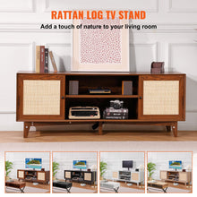 Load image into Gallery viewer, Rattan TV Stand for 75in TV, Boho TV Stand with Rattan Door, Entertainment Center with Build-in Socket, Storage Cabinet with 2 Shelves, Modern TV Console for Living Room, Media Room, Walnut
