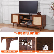 Load image into Gallery viewer, Rattan TV Stand for 75in TV, Boho TV Stand with Rattan Door, Entertainment Center with Build-in Socket, Storage Cabinet with 2 Shelves, Modern TV Console for Living Room, Media Room, Walnut
