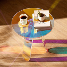 Load image into Gallery viewer, Round Iridescent Side Table, Acrylic End Table, Clear Rainbow Acrylic Coffee Table for Drink, Food, Snack used in Living Room, Bedroom, and Study
