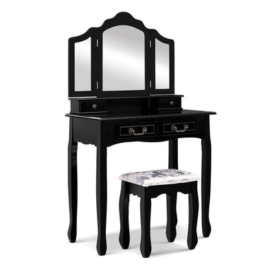 Black dressing table with 3 mirrors and chair.