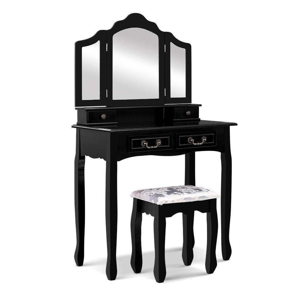Black dressing table with 3 mirrors and chair.
