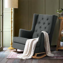 Load image into Gallery viewer, Dark Grey Rocking or Still Armchair in a nice aesthetic home setting with blanket.
