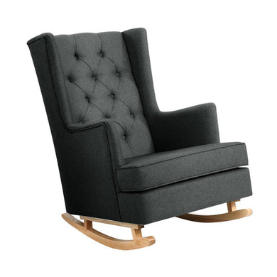 Artiss Rocking Feeding Chair or Still Armchair in Dark Grey, side view, shows rocking chair legs and tufted back.