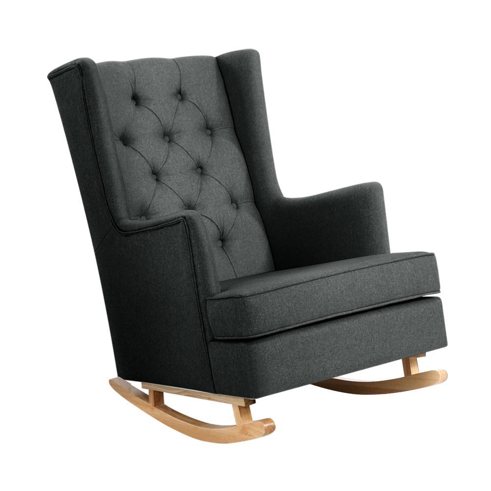 Artiss Rocking Feeding Chair or Still Armchair in Dark Grey, side view, shows rocking chair legs and tufted back.