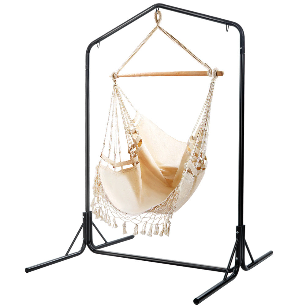 Outdoor Hammock Chair with Stand Tassel Hanging Rope Chair Cream