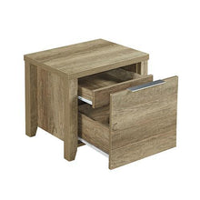 Load image into Gallery viewer, Open drawers of this sleek, oak night cabinet.
