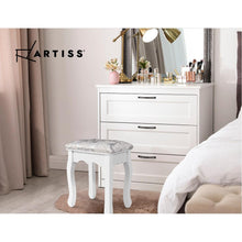 Load image into Gallery viewer, Louis embroidered French provincial dressing table stool in white, paired with white ikea drawers with makeup on them.
