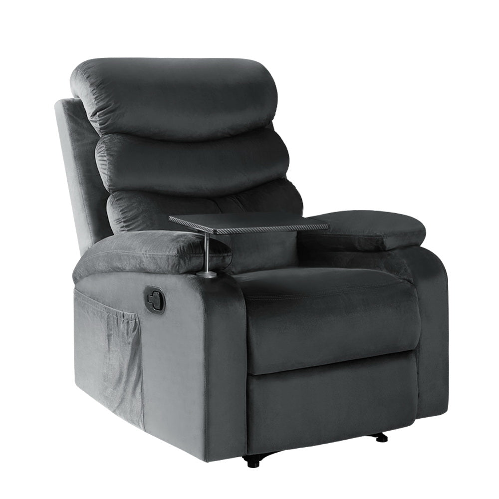 Artiss Recliner Chair Armchair Lounge Velvet Cinema Grey Tray Table