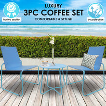 Load image into Gallery viewer, Milano 3pc Outdoor Furniture Steel/Rattan Coffee Table &amp; Chairs Patio Garden Set - Blue
