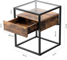 Load image into Gallery viewer, Tempered Glass End Table with Drawer and Rustic Shelf  Stable Iron Frame

