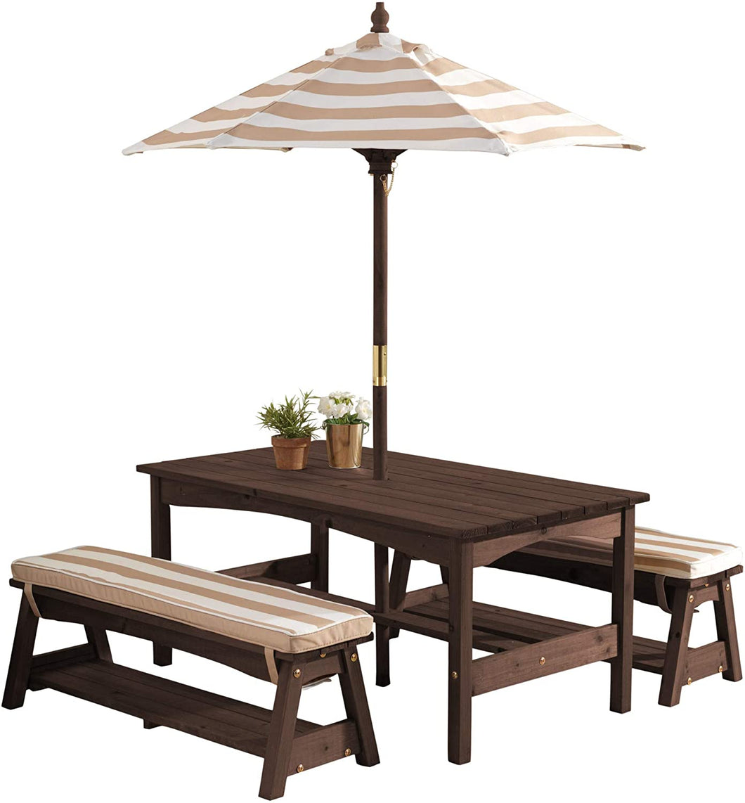 Kids Outdoor Table & Bench Set with Cushions & Umbrella (Brown)