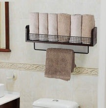 Load image into Gallery viewer, Wall Mount Rustic Wood &amp; Black Metal Bathroom Shelf with Towel Bar
