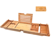 Load image into Gallery viewer, Expandable Bamboo Bath Book Caddy iPhone ipad Wineglass Holder Over Bathtub Rack
