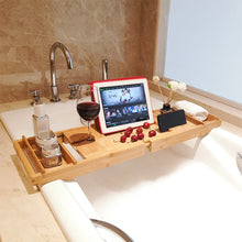 Load image into Gallery viewer, Expandable Bamboo Bath Book Caddy iPhone ipad Wineglass Holder Over Bathtub Rack

