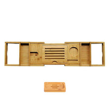 Load image into Gallery viewer, Expandable Bamboo Bath Book Caddy iPhone ipad Wineglass Holder Over Bathtub Rack
