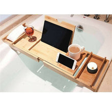 Load image into Gallery viewer, Expandable Bamboo Bath Book Caddy iPhone ipad Wineglass Holder Over Bathtub Rack
