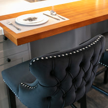 Load image into Gallery viewer, 4x Velvet Upholstered Button Tufted Bar Stools with Wood Legs and Studs-Black
