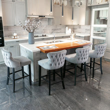 Load image into Gallery viewer, 4x Velvet Upholstered Button Tufted Bar Stools with Wood Legs and Studs-Grey
