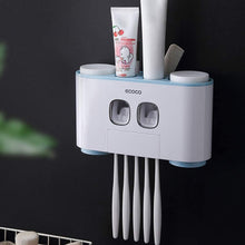 Load image into Gallery viewer, Ecoco Wall-Mounted Toothbrush Holder with 2 Toothpaste Dispensers 4 Cups and 5 Toothbrush Slots Toiletries Bathroom Storage Rack (Blue)
