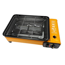 Load image into Gallery viewer, Portable Gas Stove Burner Butane BBQ Camping Gas Cooker With Non Stick Plate Orange with Fish Pan and Lid
