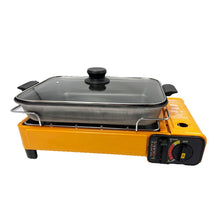 Load image into Gallery viewer, Portable Gas Stove Burner Butane BBQ Camping Gas Cooker With Non Stick Plate Orange with Fish Pan and Lid
