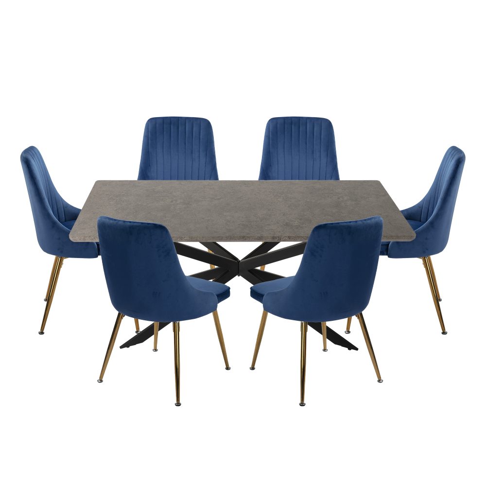 Dining Set Rectangular Table with 6 Navy Velvet Chairs
