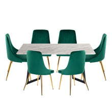 Load image into Gallery viewer, Rectangular Marble-Effect Table and Green Velvet Dining Chair Sets
