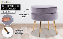 Load image into Gallery viewer, La Bella Grey Round Ottoman Foot Stool Velvet Fabric Metal Leg
