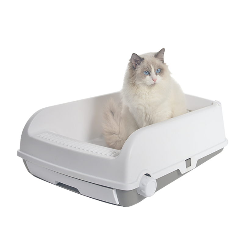 Large Cat Litter Tray Box Kitty Toilet with Rack Scoop & Drawer-Style Cleaning Box White