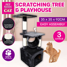 Load image into Gallery viewer, Pet Basic 3 Level Cat Scratch Tree &amp; Playhouse Fun Climb Rest 92 x 35cm
