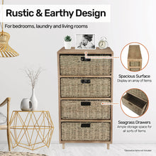 Load image into Gallery viewer, Home Master 4 Drawer Natural Seagrass Wooden Storage Chest Stylish 85cm
