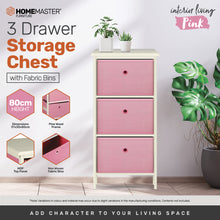 Load image into Gallery viewer, Home Master 3 Drawer Pine Wood Storage Chest Pink Fabric Baskets 70 x 80cm
